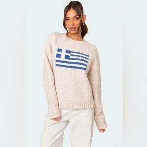 🇬🇷 Greece Flag Adorned on Oatmeal Sweater. NWT. Perfect for Winter! ❄️ Large.